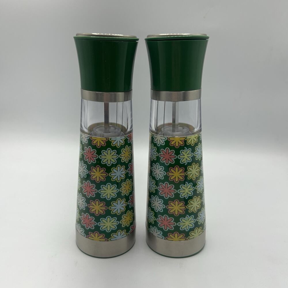 Salt & Pepper Grinder Set Green Push Button Acrylic Stainless Battery Power